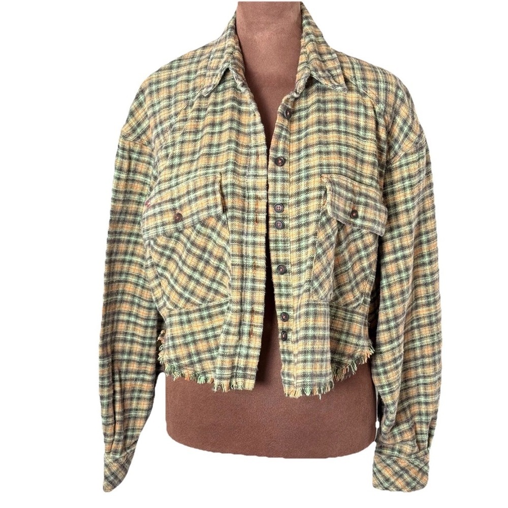 BDG Women Size XS Green Orange Brown Plaid Cropped Flannel  Raw Hem Oversized - Picture 10 of 15